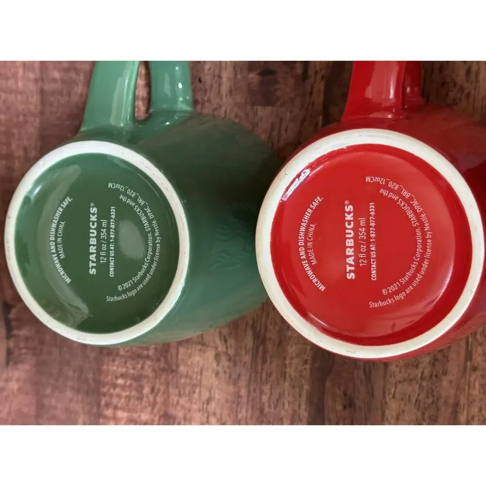 Lot of 2 Starbucks 2021 12 Floz Mugs Green & Red